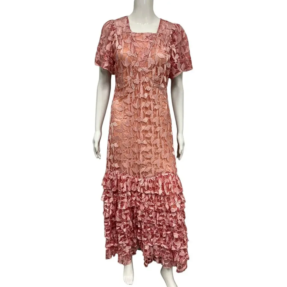 LOVESHACKFANCY Pink Floral Appliqued Kamber Short Sleeve Maxi Dress Gown 4 - Picture 1 of 3